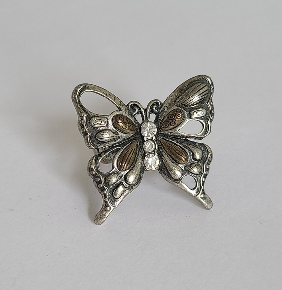 Vintage Jewelry - Vintage Dark Silver Tone Pewter Boho Chunky Openwork Rhinestone Butterfly Ring